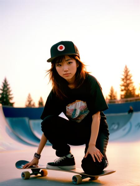 japanese skateboarder female sitting by edge of halfpipe inside skate park , 35mm film shot, anamorphic lens, lens flare,