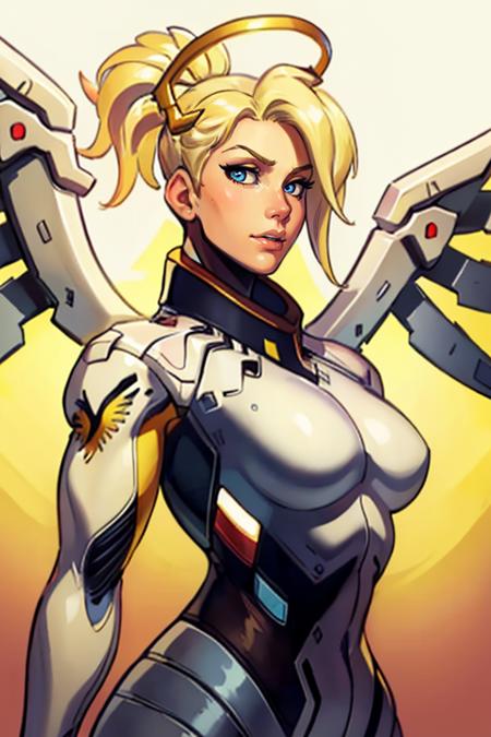 masterpiece,best quality,extreme detail,8k,image sharpness,<lora:mercy-10:0.8>, mercy2,1girl,solo,breasts,looking at viewer,blue eyes,blonde hair,medium breasts,upper body,ponytail,wings,lips,bodysuit,chain,halo,high ponytail,nose,mechanical halo,mechanical wings,spread wings,yellow wings,