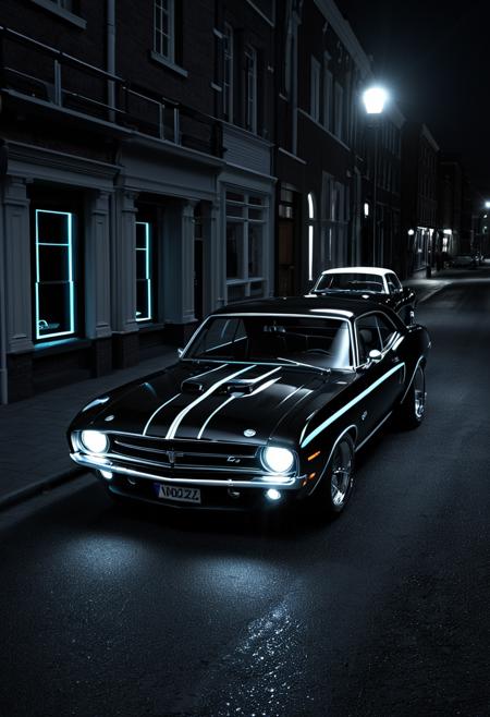 professional 3d model <lora:Abstract Concept-bioluminescent:0.4>,background,lighting,bioluminescent,glowing,bioluminescense,volumetric,, car,muscle cars, classic car,<lora:CHV CLIP-Muscle Cars:1>,Cornelisz Hendriksz Vroom,a black and white car parked on a street, . octane render, highly detailed, volumetric, dramatic lighting
