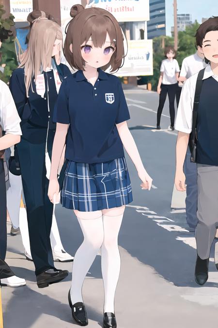 (masterpiece, best quality), 1girl, white skin tone, 18 y.o, bun brown hair, <lora:catholic_schoolgirl_uniform_6000_lora_f32:1> catholicschoolgirl, blue polo shirt, blue  plaid skirt, thighhighs (full body:1.3), walking in city