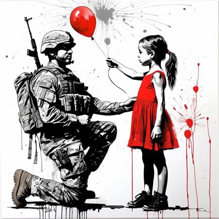 a black and white painting of a little girl red dress, side view, giving a red balloon to an adult army soldier holding a rifle, with red paint splatters, , with a black and white background, Carne Griffiths, incredible art, graffiti art, modern european ink painting
