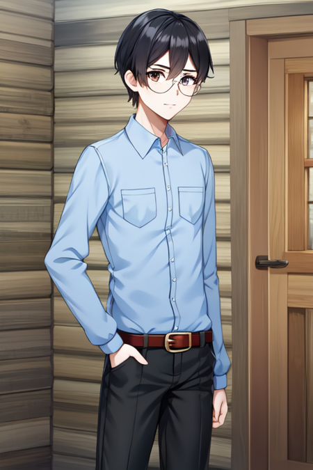 ccanatoly, solo, shirt, long sleeves, 1boy, male focus, glasses, collared shirt, blue shirt, pocket, standing, belt, pants