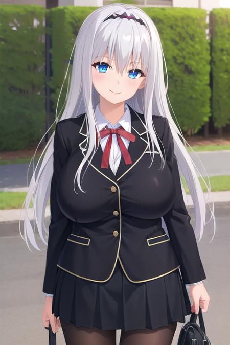 Ichinose Mikoto very long hair,white hair,hairband,hair between eyes,sidelocks,bangs,blue eyes school uniform,black jacket,blazer,neck ribbon,red ribbon,white shirt,collared shirt,huge breasts,skindentation,long sleeves,miniskirt,black skirt,pleated skirt,black pantyhose,loafers