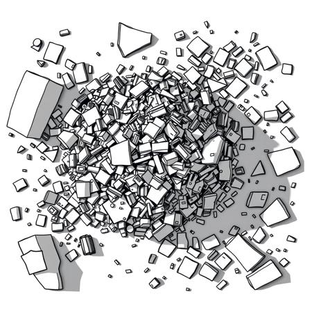 a overhead view of a piece of a large trashheap, in a black and white lineart style as a tile from a video game tileset, viewed directly from overhead,  2D minimalist style, black and white monochrome color pallete, The overall design is square in shape