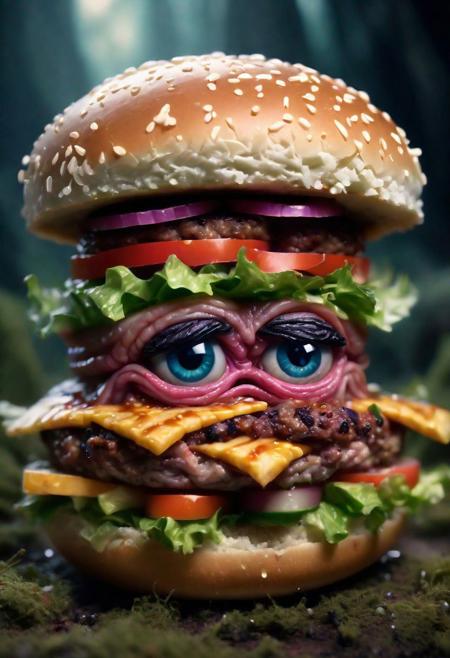 source_cartoon, the style of Labirynth, (monster hamburger:0.8) the dark crystal movies , close up of (nature) and (sad) creature with a (diminute) sword stained with (magic), in a beautiful and ruined ,fantasy,hyper detailed, real food imperfections, hard lighting, bokeh, ((curi:1.2))(inspire forms in most beautiful monsterhamburger photo:1.4) (angry:1.4) (ambient sad:1.4)(beautiful colors in fantasy world:1.4) (amazing luminous particles floating in the air:1.5), by jay naylor, score_9, score_8_up, score_7_up, score_6_up, score_5_up, score_4_up