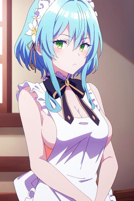 will, 1girl, breasts, solo, apron, naked apron, green eyes, looking at viewer, cleavage, upper body, blue hair, black bowtie, detached collar, sidelocks, bow, bowtie, :<, black bow, medium breasts, bangs, white apron, ribbon, closed mouth, hair ornament, sideboob, hair between eyes, hair flower, short hair, flower, bare shoulders, frills, large breasts, indoors