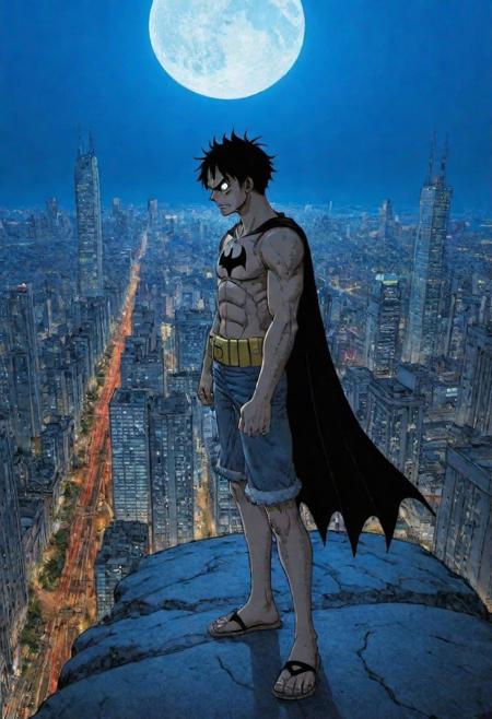 by Noriyoshi Ohrai, (ink, thick outline, comics style illustration by Moebius, milo manara, best quality, masterpiece, realistic, detailed, highly detailed face) of a haunting scene with 1( Monkey Di Luffy is Batman:1.0) in a dark fantasy Triller bark of diablo. Emphasize eerie atmosphere, high contrast, and interplay of shadow and light, colorful, gothic horror detailed face perspective from below anime, manga, comic, illustration, style by Jesper Ejsing and Frank Frazetta,Serious , ( batman body suit:1.25)