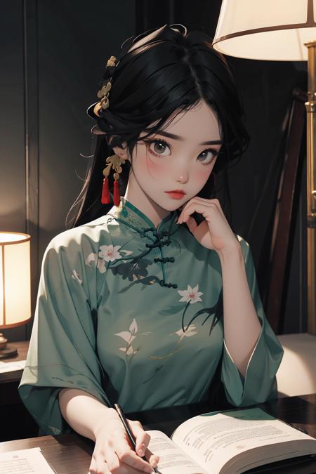 (masterpiece),(best quality), 1girl, ((green Cheongsam)), sitting in a traditional Chinese study,jeweled hairpin adorning, black hair. bookshelves filled with ancient texts and scroll paintings,reading a book with a focused expression, her slender fingers turning the pages with grace and precision,The room is bathed in a soft and warm light, giving the scene a peaceful and nostalgic feel.
 <lora:Guofeng_minimalism_v1:1>