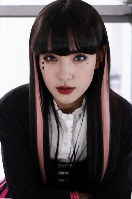 beroba, black hair with pink highlights, heterochromia eye, cinematic, best lighting, (RAW photo, best quality), (realistic, photo-realistic:1.4), masterpiece, an extremely delicate and beautiful, extremely detailed, 4k wallpaper, Amazing, finely detail, extremely detailed CG unity 8k wallpaper, ultra-detailed, highres, soft light, beautiful detailed girl, detailed face, extremely detailed face, extremely detailed eyes and face, beautiful detailed nose, beautiful detailed eyes, perfect anatomy, <lora:beroba-09:0.87>,long hair, lipstick, face makeup, wearing black jacket , white collared blouses, look at camera, pink skirt, black transparent layered skirt, black corset, POV