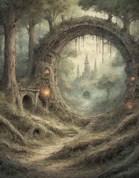 on parchment art fantasy forest landscape a magic portal in the forest detailed matte painting by Mike Winkelmann, black outline ink with color wash and white highlights annotated illustration