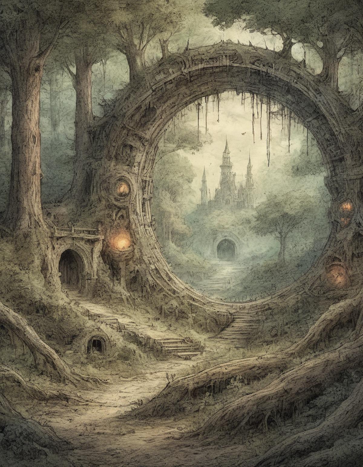 An enchanted forest scene with a giant stone ring, castle, and tree.