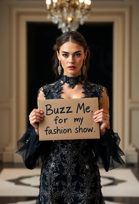 award winning photo of a supermodel holding a cardboard with quote "Buzz Me for my fashion show". She is wearing a stunning and captivating fashion design that blends elegance with innovation. The image should feature a breathtaking haute couture gown with intricate detailing, a perfect balance of modern and classic elements, and a palette of luxurious, vibrant colors. The design should include delicate embellishments, rich textures, and unique silhouettes that push the boundaries of contemporary fashion. Ensure the setting is equally impressive, with a sophisticated backdrop that enhances the allure of the garment, making the entire composition unforgettable and truly distinctive."