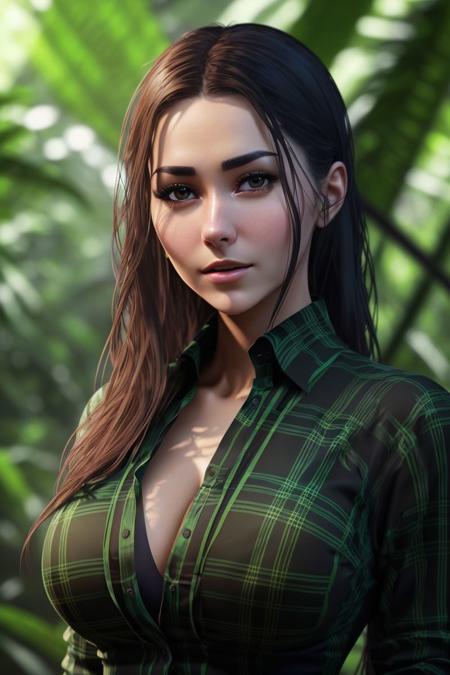 a photo of a gorgeous S052_HelgaLovekaty, in a (rainforest:1.2), wearing a (black&green plaid-shirt:1.1), cleavage, (8k, RAW photo, best quality, ultra high res, absurdres, intricate, photorealistic, masterpiece, ultra-detailed, Unreal Engine)