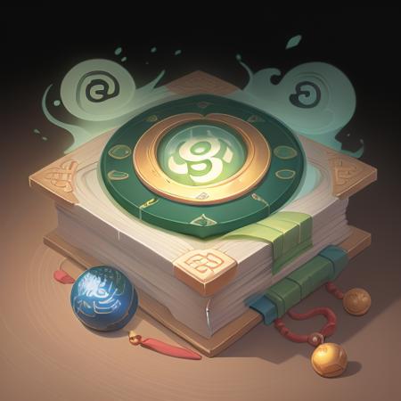 A book in Chinese style,no_humans, green_background, flower letterboxed,round beads, pendant, structured, black
Bottom, high-definition, game icon, black background <lora:book:0.5>