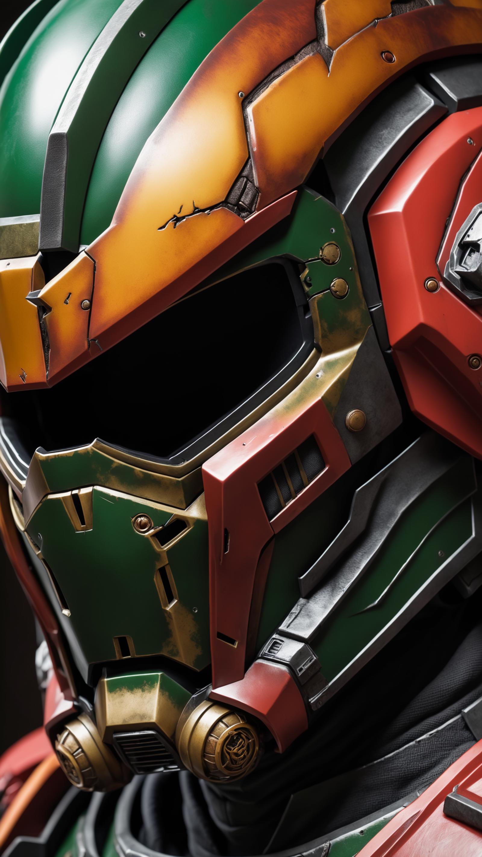 A closeup of a futuristic green and red helmet with a visor.