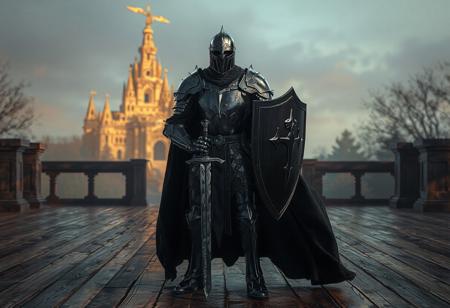 "Create a detailed, full-body digital art of a Twilight Rose Knight, a symbol of strength and valor. The knight, in black armor with silver accents, stands on a wooden floor, holding a sword and shield. A golden castle looms in the background. The focus is on the knight, with cinematic lighting and 8k resolution. Use Octane Render and incorporate the golden ratio for intricate details and smooth gradients."