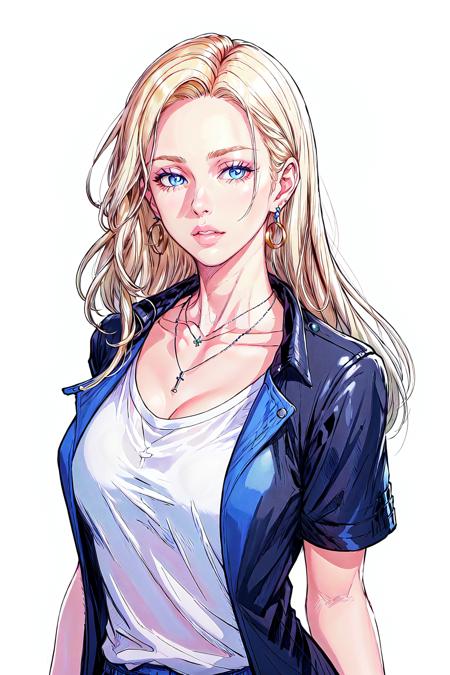 Photorealism Style,  white shirt,  black jacket,  white background,  simple background,  collarbone,  jewelry,  necklace,  short sleeves,  parted lips,  solo,  jacket,  blonde hair,  upper body,  hair over shoulder,  1girl,  shirt,  looking at viewer,  lips,  open jacket,  long hair,  earrings,  open clothes,  blue eyes, <lora:EMS-49351-EMS:0.600000>