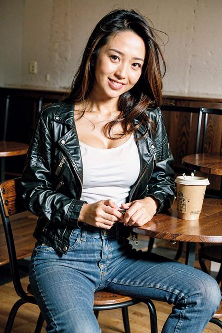 Best quality, masterpiece,  photography, realistic,1girl, closeup, in coffeeshop, sitting down, long hair, leather jacket, looking at viewer <lora:fandaoai:0.6>