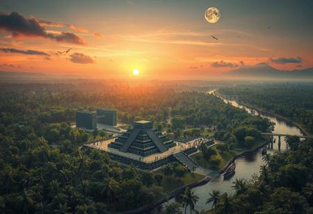 3d, detailed, detailed hands, detailed face, best quality, intricate detail, masterpiece, best quality, amazing quality, very aesthetic, full shot, birds eye view, looking down, view from above, a sprawling jungle, tall trees, rivers branching through the jungle, three pyramids in the jungle, the pyramids are spread apart, the pyramids are black and they are in a clearing, there are granite buildings and structures around the pyramids, there are granite paths connecting the pyramids and structures, there are people walking about, there are pillars that generate light to eliminate the the structures and paths, there are Kunlun Mountains in the distance, there are structures on the mountains, the sun is setting, the sky are shades of orange and pink, there are clouds in the sky, birds are flying over head, the moon is in the sky, boats are on the river with people rowing them, a granite residential area is visible, an tall granite buildings are erected throughout the jungle,