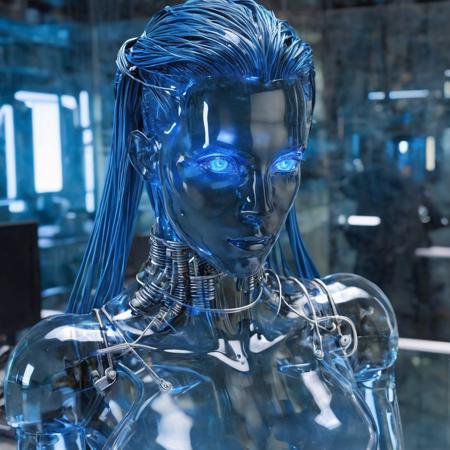 score_9, score_8_up, score_7_up, score_6_up,3d,  <lora:sdxl_glass:1>,  ((glasssculpture)), air of superiority, noble, ((Glass (android:woman:0.7))), blue fog, glass hair, shiny metal cables, (see-through:1.5), blue , glowing blue, pretty eyes, pretty, in a cyberpunk office, ((typing on glass keyboard)),