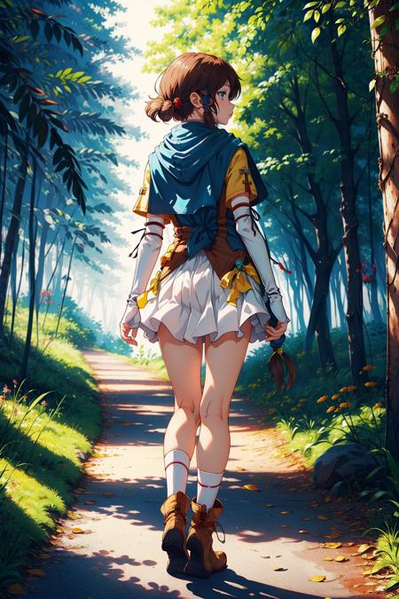 masterpiece, best quality, feMist, blue capelet, yellow shirt, pleated skirt, arm warmers, white socks, boots, standing, from behind, looking to the side, forest, night <lora:mist-nvwls-v2-000012:0.9>