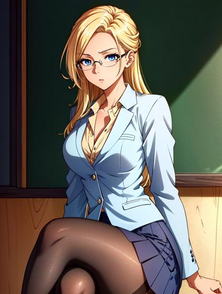 <lora:Ashe:0.6> Ashe, 1girl, solo, pantyhose, blonde hair, glasses, crossed legs, sitting, teacher, formal, skirt, suit, long hair, chalkboard, black pantyhose, skirt suit, thighband pantyhose, pencil skirt, looking at viewer, blue eyes, perfect lighting, ((shining face, shining body)), perfect face, make up, eye shadow, ((gorgeous)), Extremely beautiful, perfect, (masterpiece:1.2), (best quality:1.2), cinematic, perfect skin, perfect lighting, textured skin, detail, beauty, overall, hour glass body, sharp focus, ultra-detailed, illustration, perfect face, ((gorgeous)), Extremely beautiful, perfect, detailed background, ((shonen style)), (detailed background, intricate background:1.1), beautiful, ((Extremely Detailed)), ((Best Quality)), ((Masterpiece)), ((4k))