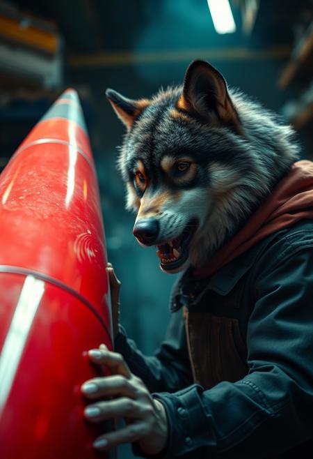 Portrait of an excited anthro gray wolf mechanic meticulously polishing a red rocket in a warehouse. Atmospheric light, atmospheric haze, dusty air, cinematic, realistic, vibrant, high contrast