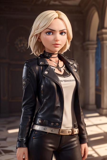 a photo of S071_LikaStar, a stylish woman, in an (old-ruin), wearing a (leather-jacket), (8k, RAW photo, best quality, DOF, ultra high res:1.2), (absurdres, intricate, photorealistic, masterpiece, ultra-detailed, Unreal Engine:1.3)