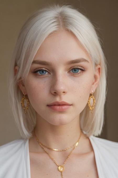 (1girl:1.15), short voluminous fluffy bright white hair, (European:1.3), blue eyes, (close up face:1.3), (20 years old, young:1.2), white dress, (earrings:1.2), piercing, jewelry, (inviting expression:1.3), choker, (cream eyeliner:1.2), with subtle freckles, subtle skin blemishes, visible skin pores, natural skin texture, cozy bedroom, photorealistic, masterpiece, (golden hour:1.3), (warm glow:1.3), warm colors, (80mm f/1.2 portrait:1.3), RAW Photograph, leica full frame camera, high quality, insane details, masterpiece, 8k
