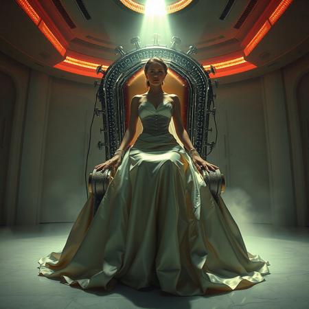 A slender, arrogant  rich norvegian bride, dressed in a luxurious, rich fantasy satin wedding gown with a fitted, boned corset and a full, flared skirt, paired with satin high heels, orgasm face, encased in beam of light from celling. The brainwashing temple electrode,  connected to a  futuristic superconputer rack. Her hands and ankles are bound to a polished steel throne with massive glass hood  by massive steel restraints, accentuating her ultra-thin waist.  weird fog from the floor. The scene is set in a sterile, empty chamber, with a glossy mother-of-pearl finish, evoking a sense of futuristic dread. Inspired by the cinematic styles of Ridley Scott, Guillermo del Toro, and H.R. Giger, with a blend of sci-fi and horror elements, this full-body portrait is a masterpiece of cinematic storytelling, shot on a virtual v-raptor XL camera, with a warm, film-grained aesthetic, subtle vignette, and rich color grading, reminiscent of 35mm film, with dramatic, atmospheric lighting, inviting the viewer to immerse themselves in this epic, stunning scene.