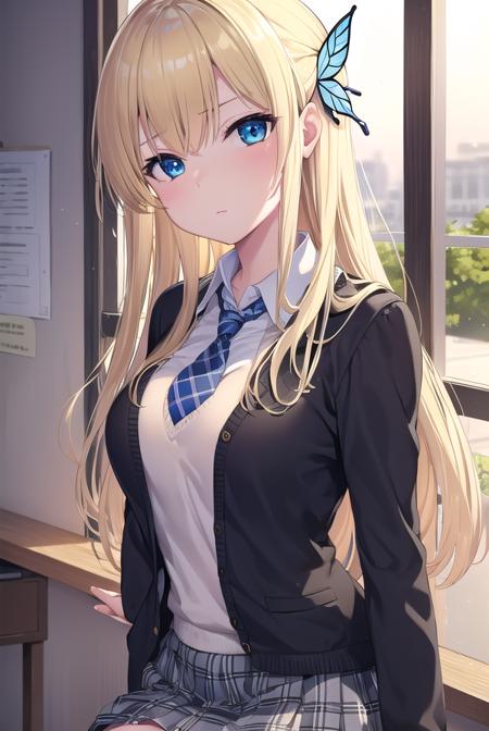 senakashiwazaki, <lora:sena kashiwazaki-lora-nochekaiser:1>,
sena kashiwazaki, blonde hair, butterfly hair ornament, hair ornament, long hair,
BREAK cardigan, checkered clothes, checkered skirt, jacket, long sleeves, necktie, school uniform, shirt, skirt, st. chronica academy school uniform
BREAK indoors, classroom,
BREAK looking at viewer, (cowboy shot:1.5),
BREAK <lyco:GoodHands-beta2:1>, (masterpiece:1.2), best quality, high resolution, unity 8k wallpaper, (illustration:0.8), (beautiful detailed eyes:1.6), extremely detailed face, perfect lighting, extremely detailed CG, (perfect hands, perfect anatomy),