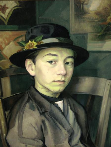 <lora:Cloisonnism:1>, Cloisonnism, solo, 1boy, hat, upper body, male focus, chair