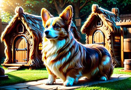 a Pembroke Welsh Corgi made of w00kiee, standing next to a doghouse in a backyard, intricate details, morning light, raw photo, cinematic, highly detailed, bright colors, aesthetic, fine detail, polished, complex, vibrant, symmetry, full color, perfect, ambient, unique, illuminated, epic, best, artistic, quality, dramatic, beautiful, stunning, flawless, extremely, very inspirational