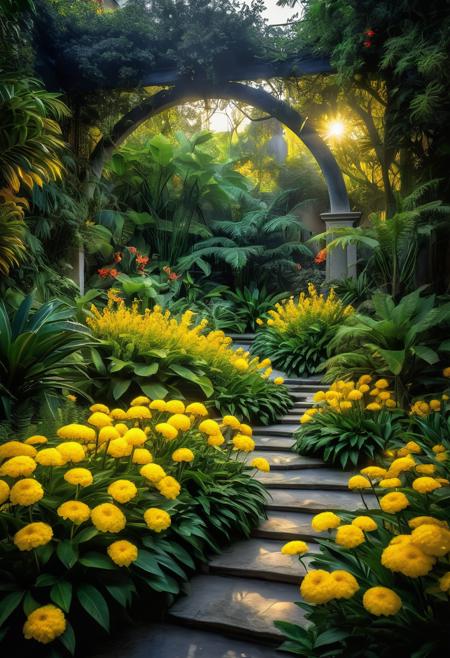 Enchanting concealed garden blooming with yellow flowers, exotic flora radiating soft luminescence, shrouded in a magical aura, illumination filtering through dense foliage, vibrant petals nestled in shadows, mystical, high dynamic range photography, ultra fine details.