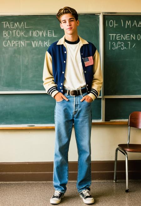 raw photo, full body, 1man, typical american teen 90's, american movie 90, retro classroom decor, high school campus vibe