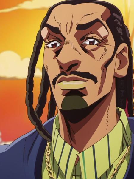 A studio shot of ((Snoop Dogg)), Very detailed, clean, high quality, sharp image, jojoso style <lora:SDXL-jojoso_style-Lora:1>