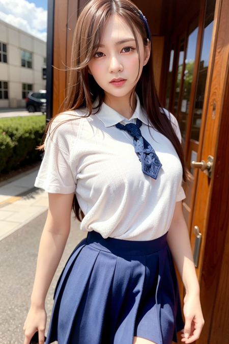 apinkhayoung, school, (day:1.1), RAW,(8k, best quality, masterpiece:1.2),(intricate details:1.4),(photorealistic:1.4),octane render, complex 3d render ultra detailed, studio soft light, rim light, vibrant details, ultra detailed, realistic skin texture, detailed face, beautiful detailed eyes, extremely detailed CG unity 8k wallpaper, makeup, (detailed background:1.2), (cowboy shot:1.2),(perfect anatomy:1.2),(wide hip:1.1),(school uniform:1.2), <lora:apinkhayoung-v1:1>