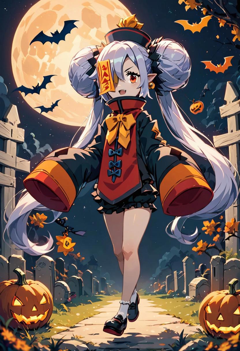 score_9, score_8_up, score_8, (curvy), cute, eyelashes,      
,,,
zmaiden, black headwear, hair ornament, ofuda, jiangshi, long sleeves, chinese clothes, sleeves past fingers,  black bloomers, black footwear,
,,,
dynamic pose, 
,,,
zPDXL, halloween, pumpkins, graveyard,