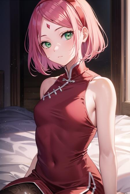 sakuraharuno, <lyco:sakuraharunov2-lyco-nochekaiser:1>,
sakura haruno, short hair, bangs, (green eyes:1.5), pink hair, hairband, facial mark, (forehead mark:1.2), red hairband, (swept bangs:1.5), (small breast:1.2),
BREAK chinese clothes, dress, (red dress:1.3), short skirt, black shorts, gloves, black gloves, sleeveless,
BREAK looking at viewer,
BREAK indoors, bed,
BREAK <lyco:GoodHands-beta2:1>, (masterpiece:1.2), best quality, high resolution, unity 8k wallpaper, (illustration:0.8), (beautiful detailed eyes:1.6), extremely detailed face, perfect lighting, extremely detailed CG, (perfect hands, perfect anatomy),