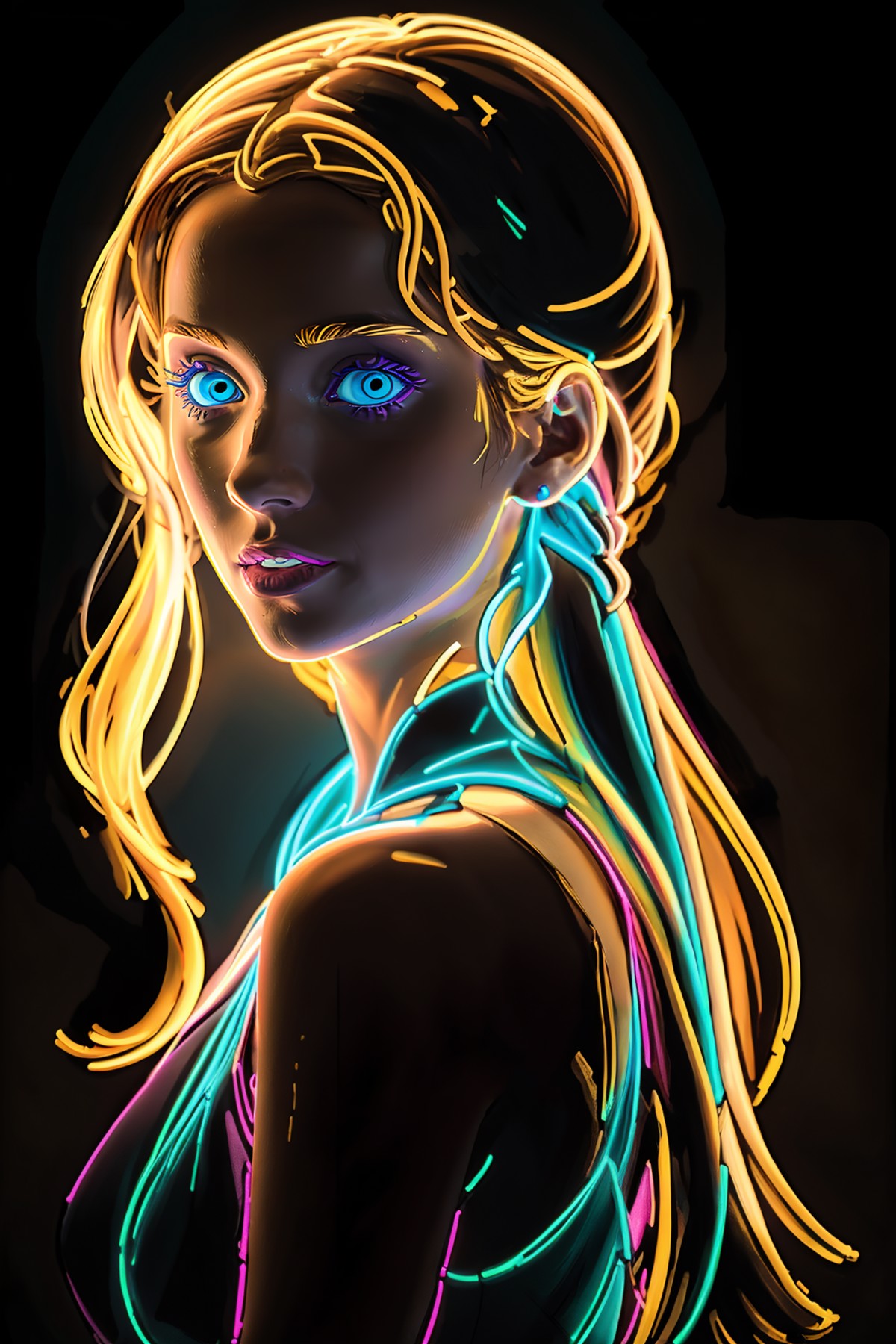neon_outlines, close up, pale blonde woman with blue eyes, long wavy hair, high ponytail <lora:neolin3:1.3> <lora:add_deta...