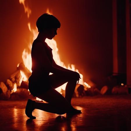 cinematic film still of  <lora:backlight style:1>
A backlight photo of a person kneeling down in front of a fire,1girl,solo,short hair,1boy,from side,squatting,fire,silhouette,dark,orange theme , back light, rim light, ray light, hair light, background light, realistic, realism, photorealism, hyperrealism, hyperrealistic, realistic, sharp, detailed, cinematography style, film light style, movie still,  professional photography, artistic, perfection, contrast, cinematic, filmic, high quality photo,  8k quality, colorful, different people, dark shadow, covered in shadow, partially covered in shadow, backlight style, shallow depth of field, vignette, highly detailed, high budget, bokeh, cinemascope, moody, epic, gorgeous, film grain, grainy