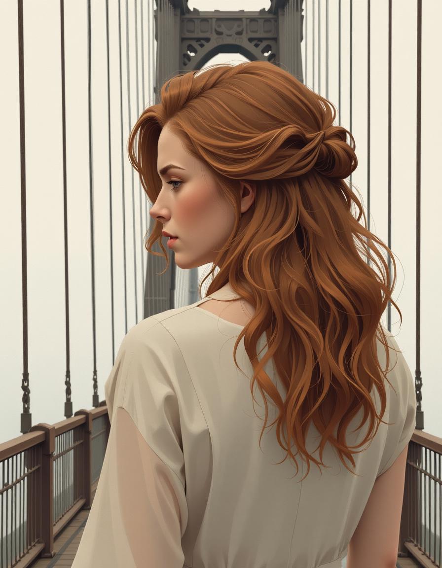 A rear-facing portrait of a Dutch Fatuma with soft, fleshy contours reminiscent of ornithological specimens. Her caramel-colored hair is styled in voluminous, tousled waves cascading down her back. Rendered from within the steel framework of a suspension bridge, she exhibits a forlorn expression accentuated by an exhausted mouth.  The lighting is flat and diffused, emphasizing realistic detail and texture in her skin and clothing, executed in a meticulously detailed, minimalist illustrative style inspired by Pre-Raphaelite aesthetics.