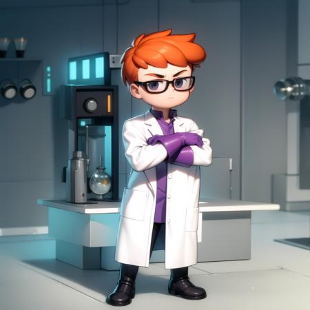 ((masterpiece, best quality)),(complex lighting) , solo ,1boy, full body, dexter ,  <lora:Dexter1-10:0.6>, red hair, glasses, standing, purple gloves, black eyes, black boots, closed lab coat, simple background, crossed arms,