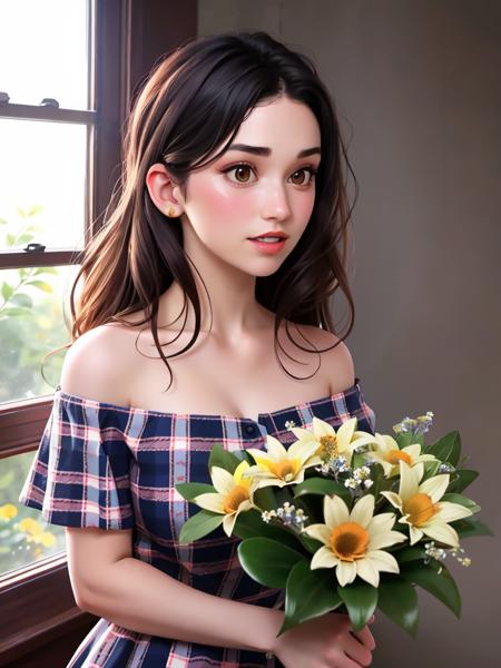 Realistic photo of a beautiful gr4c3f woman,1girl,solo,black hair,dress,holding,brown eyes,collarbone,upper body,flower,short sleeves,parted lips,teeth,off shoulder,lips,plaid,bouquet,realistic,holding flower,holding bouquet,plaid shirt,plaid dress,soft lighting, professional Photography, Photorealistic, detailed, RAW, analog, sharp focus, 8k, HD, high quality, masterpiece<lora:gr4c3f:1.0>