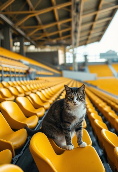 (Soft Lighting Photography by Mimoza Veliu and Mario Giacomelli:1.2), NSFW, a cat sitting on yellow stadium seats in what appears to be an empty sports arena or venue. The background features rows of empty yellow seats and some structural elements of the stadium, such as beams and supports. The lighting suggests it might be daytime, with natural light illuminating the scene.