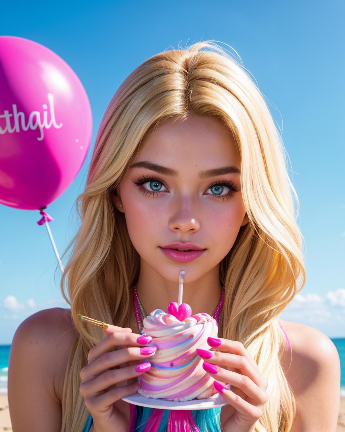 A blonde woman with pink nails and a pink balloon.