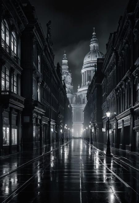 A vast monochrome cityscape, woven together like an infinite web, with ghostly Baroque figures emerging from the buildings, their faces lifelike yet partially fused with the structures., pictorialist noir surrealism, neon-lit cityscapes, atmospheric urban isolation, moody chiaroscuro, soft-focus tonality, cinematic shadowplay, graphic realism, bold architectural linework, photographic mysticism, stylized city lighting, emotional urban silence, nocturnal palette, poetic skyline composition, soft monochrome with neon highlights, visual storytelling through mood and structure, impressionistic realism meets comic urban grit