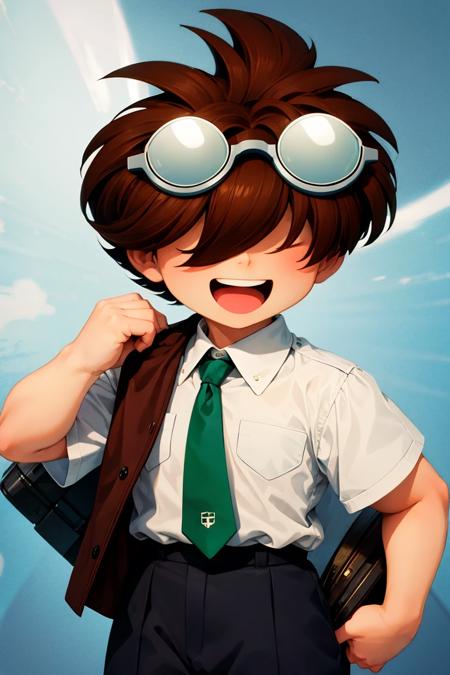 kenny, smile, open mouth, brown hair, 1boy, male focus, necktie, shorts, goggles, goggles on head, eyewear on head, hair over eyes