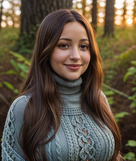 <p2nd04q>p2nd04q, nature, outdoor, Colorful flowers, undergrowth, warm light, sunset, breast, smile, Cloak, intricate, detailed eyes, jeans, (Knit turtleneck), ((close portrait photo))