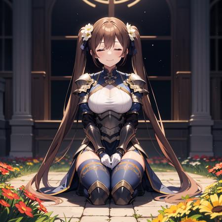 1girl, solo, full body, flower field, flowers, indoors, dark, kneeling, holding instrument, brown hair, very long hair, twintails, indigo eyes, tall, armor, large breasts, (closed eyes:1.2), smile